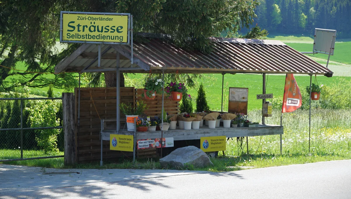Blumenverkaufsstand mit Aufschrift «Züri-Oberländer Sträusse»